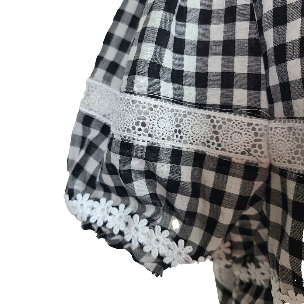 J. Crew Top M Black White Gingham Lace Trim‎ Puff Sleeve Peplum Pullover blouse